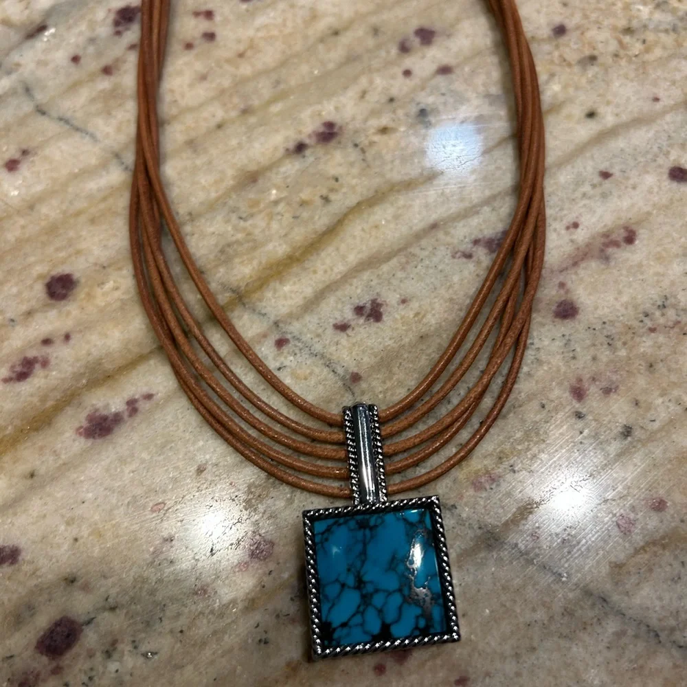 Ralph Lauren Turquoise Pendant Necklace with Brown Cord - Picture 2 of 5